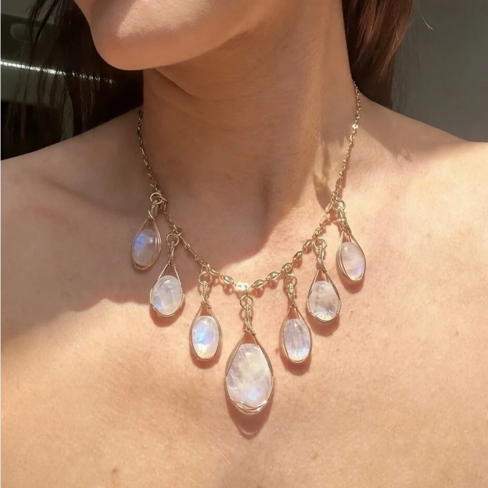 14k Gold Filled Rainbow Moonstone Gypsy Boho Necklace